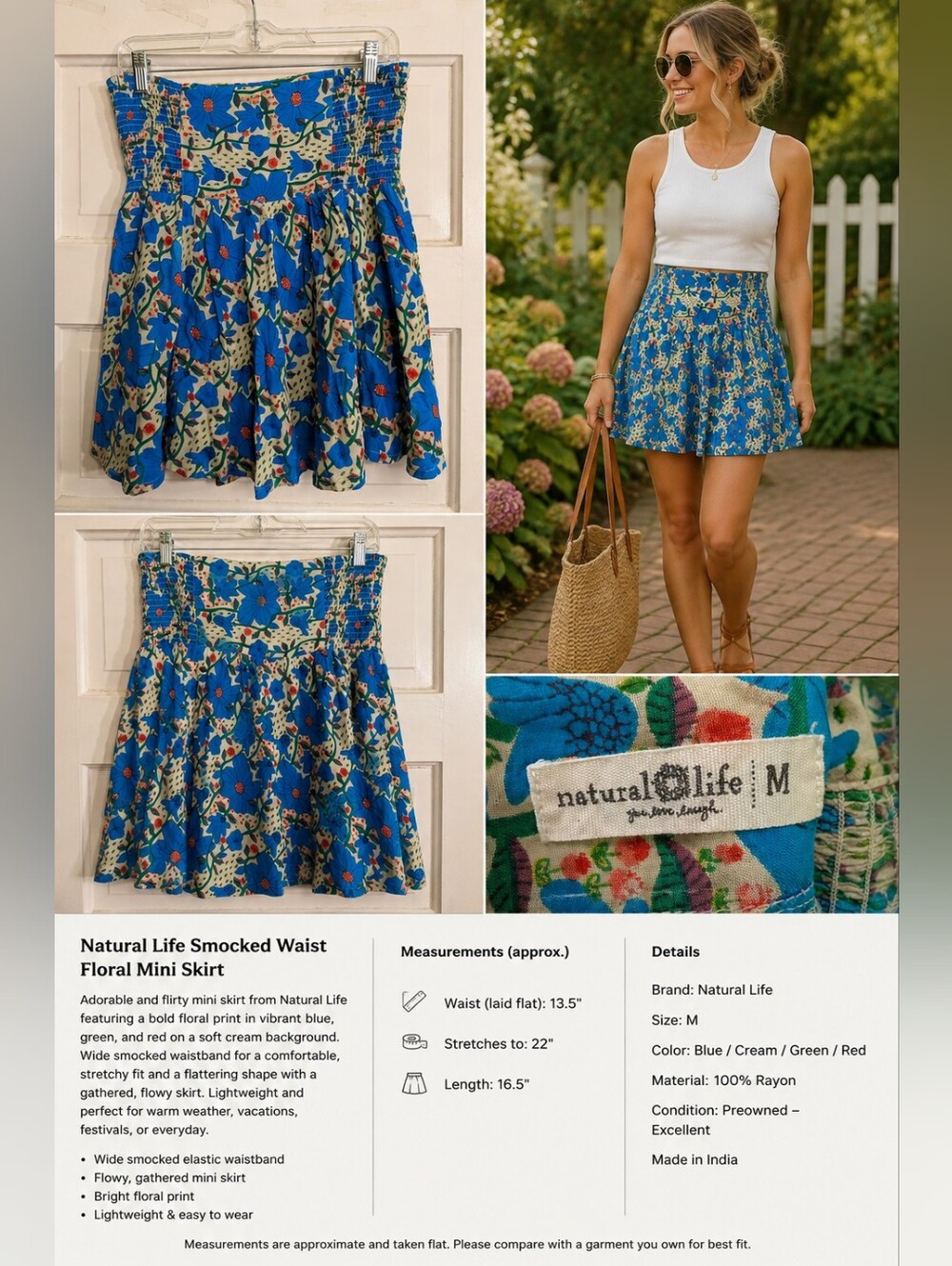 Natural Life Floral Smocked Mini Skirt Size M Blue Boho Cottagecore